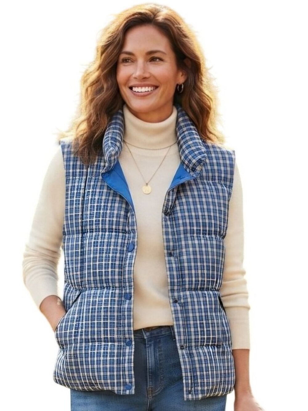 Lands' End Blue Plaid Classic Down Puffer Vest Pockets Snap Closure Size L